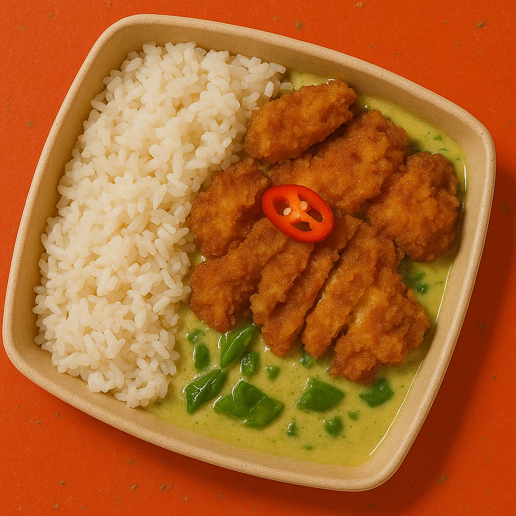 crispy chicken thai green curry with steamed rice