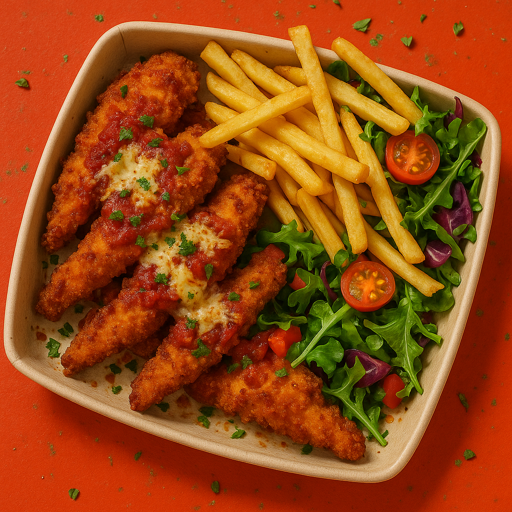 sydeny's best chicken parmingiana strips served with delicious dips